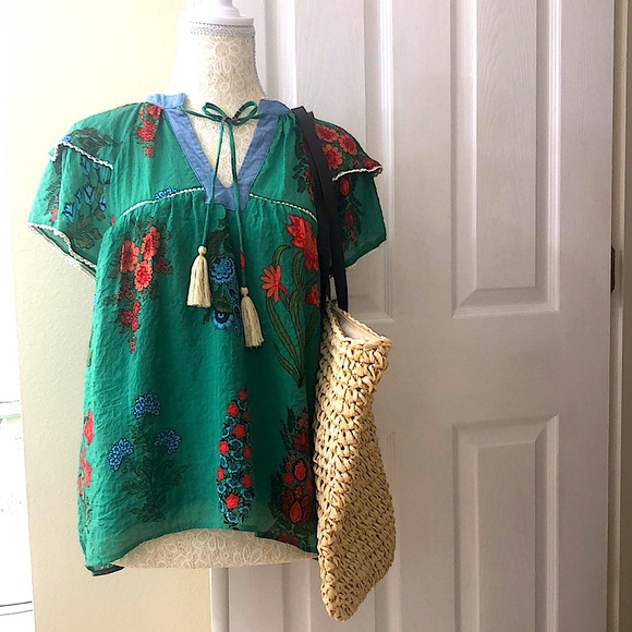 THML Green and Red Floral 
V-Neck Top with Flutter Sleeves, Ruffles & Tassels - Picture 4 of 4